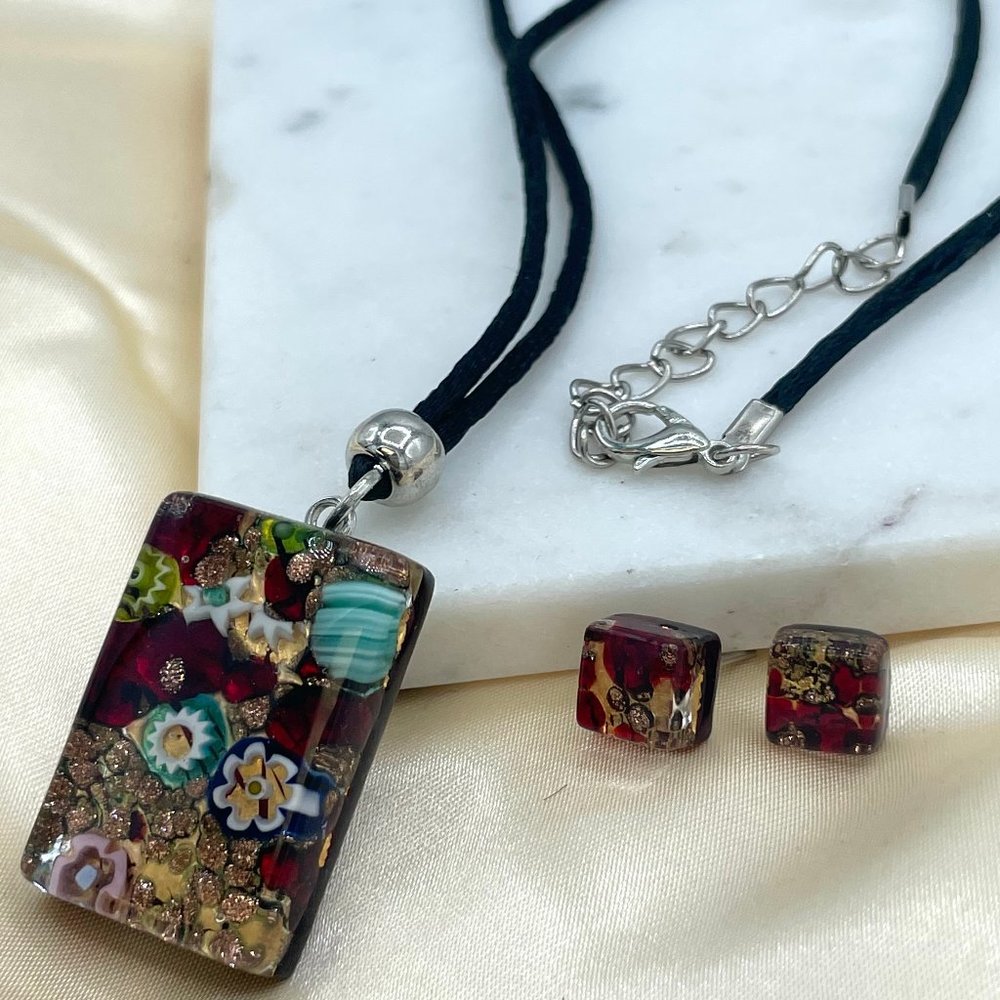Italian Murano Glass set Necklace and Stud Earrings in Sterling Silver